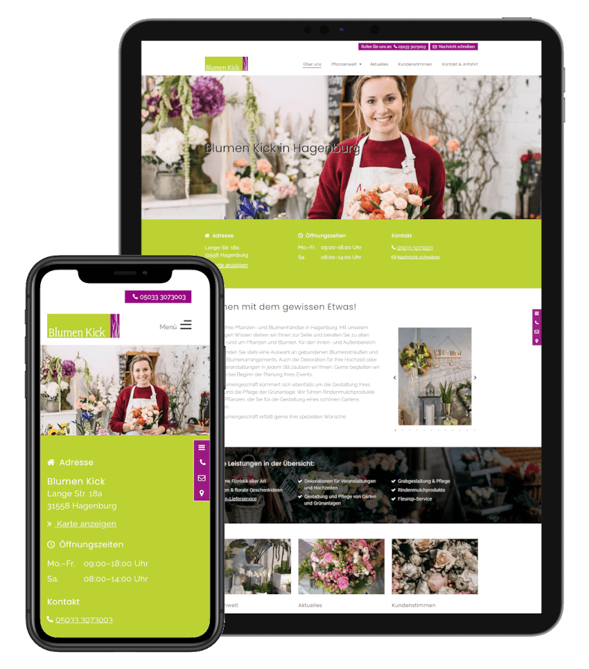 Responsive Webseite eines Blumenladens auf Smartphone und Tablet mit Floristik-Angeboten.